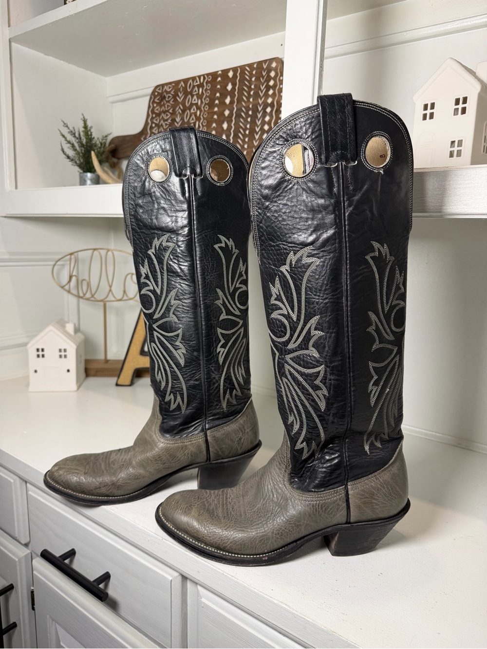 Nocona Drover Womens 9B Gray Black Leather Cowboy Boots Made USA Vintage